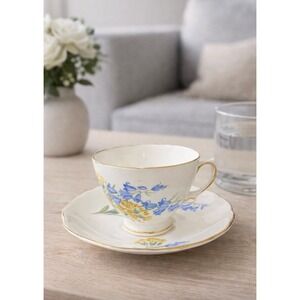 Vintage Royal Vale Bone China Cup and Saucer Set Yellow, Blue & White - England